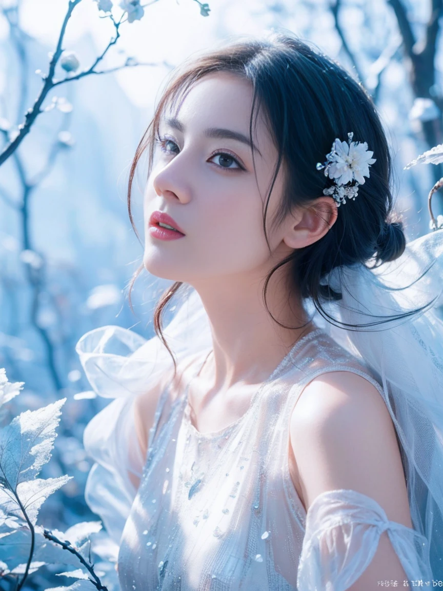 (((masterpiece))), best quality, illustration, 4k wallpaper, movie lighting, absurd, 1 girl,(snow,ice), snow花, in winter, white hair, shiny hair, curls, Transparent Clothes, decorate, lace, wet clothes, away_Shoulder, Headband,masterpiece, telephoto lens, absurd, Exquisite facial features,Record,Poster composition,strike an elegant pose,,Natural light,Soft Light,(Seven-part combination) ,epic,Fantastic and magical,mystery