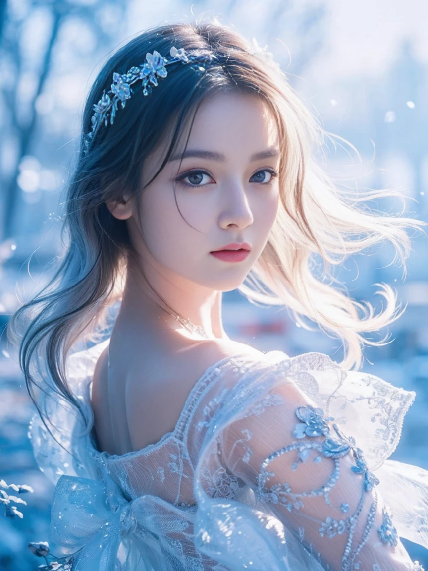 (((masterpiece))), best quality, illustration, 4k wallpaper, movie lighting, absurd, 1 girl,(snow,ice), snow花, in winter, white hair, shiny hair, curls, Transparent Clothes, decorate, lace, wet clothes, away_Shoulder, Headband,masterpiece, telephoto lens, absurd, Exquisite facial features,Record,Poster composition,strike an elegant pose,,Natural light,Soft Light,(Seven-part combination) ,epic,Fantastic and magical,mystery