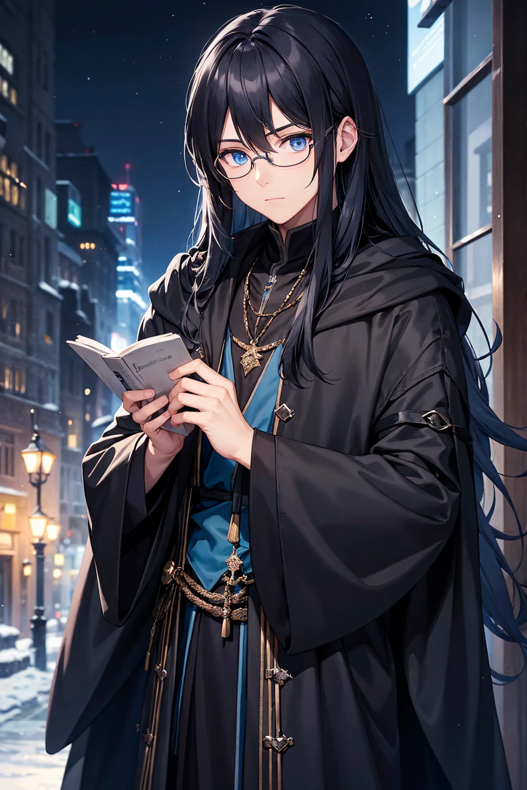 A man wearing glasses, black long-haired wizard, dark blue eyes, black with blue wizard clothes, young magician, intellectual, cold personality, medieval city background in blue night