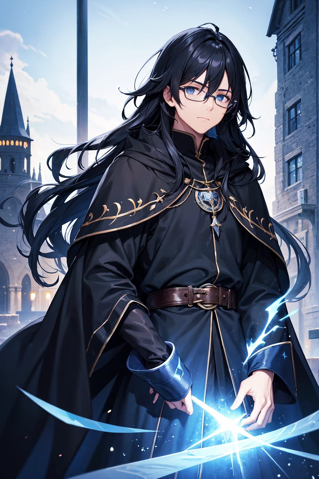 A man wearing glasses, black long-haired wizard, dark blue eyes, black with blue wizard clothes, young magician, intellectual, cold personality, medieval city background in blue night