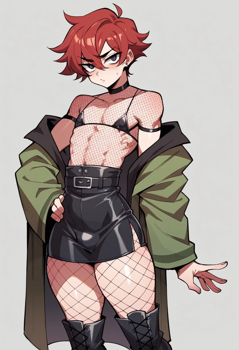 a handsome effeminate boy, 18 ans, Has long red hair, a des oreilles de loup, a une queue de loup, a les yeux red, thigh high fishnets, black combat boots, porter une robe gothique jusq'au genou , flat chest, bare femboy, bare, Hanches larges, thick thighs, male, is male