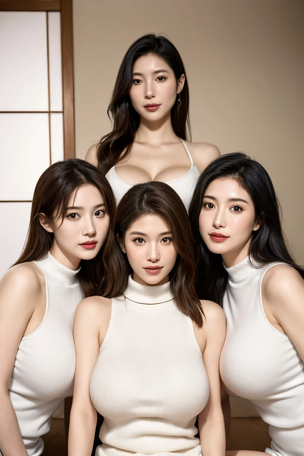 (best quality,4k,8k,highres,masterpiece:1.2),ultra-detailed,(realistic,photorealistic,photo-realistic:1.37),Japanese,most beautiful,three,mothers,taking a group photo of three most beautiful Japanese mothers,with different types and hairstyles, but they are all beautiful.,((Everyone is proud of their large breasts,)).,different poses,each wearing a white high-neck sleeveless sweater,the room is filled with fragrance,((Everyone emphasizes their large breasts)),topless,living room