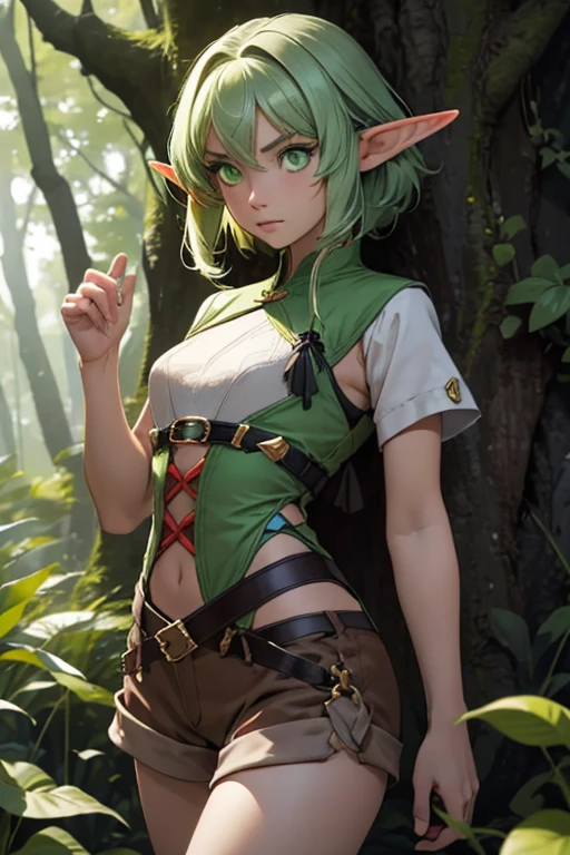 high quality, masterpiece, Best quality, 1 girl, elf, pointed ears, short hair, green eyes, green hair, the forest, on open air, 