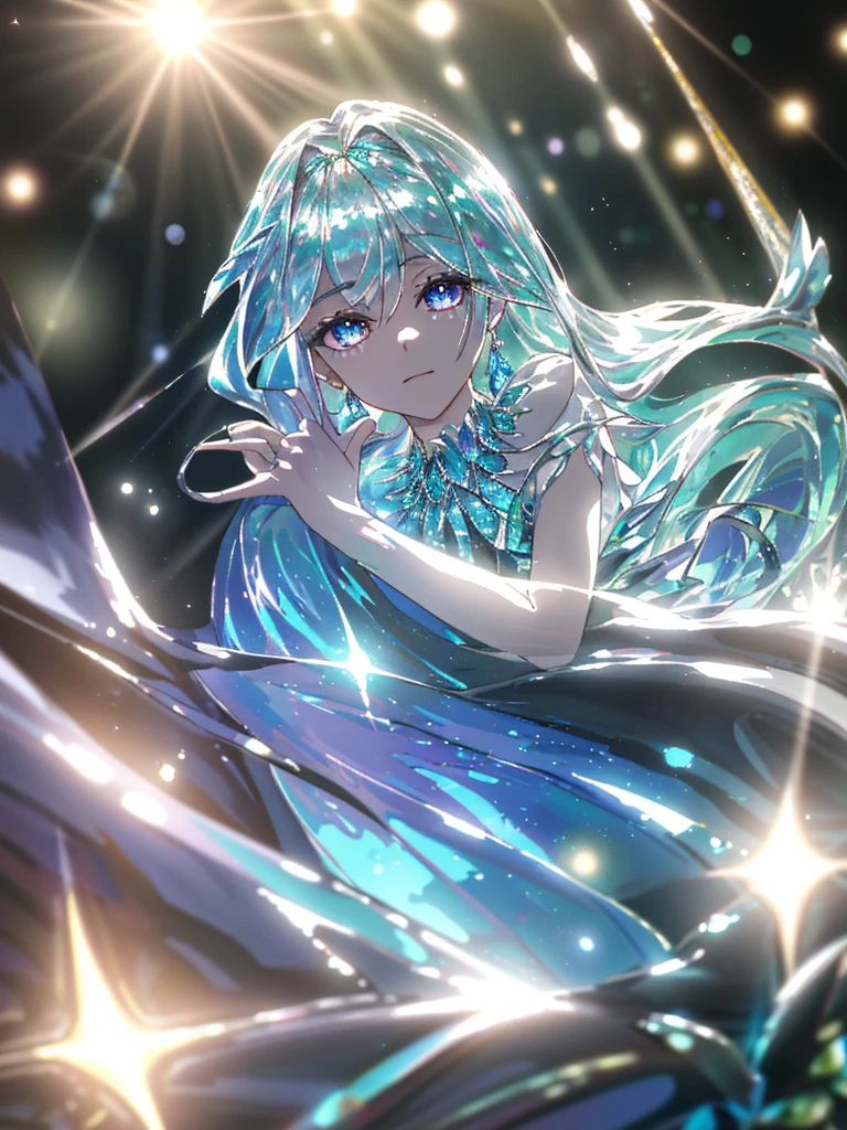 masterpiece, highest quality, figure, alexandrite eyes and hair, platinum earrings, Platinum Necklace, white dress, The Little Mermaid, cute, (dynamic lighting:1.2), cinematic lighting, delicate features, fine eyes, sharp pupils, realistic student, Depth of bounds written, Bokeh, sharp focus, (very detailed, bloom, shine:1.4), Many Small Gems