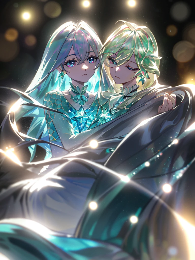 masterpiece, highest quality, figure, alexandrite eyes and hair, platinum earrings, Platinum Necklace, white dress, The Little Mermaid, cute, (dynamic lighting:1.2), cinematic lighting, delicate features, fine eyes, sharp pupils, realistic student, Depth of bounds written, Bokeh, sharp focus, (very detailed, bloom, shine:1.4), Many Small Gems