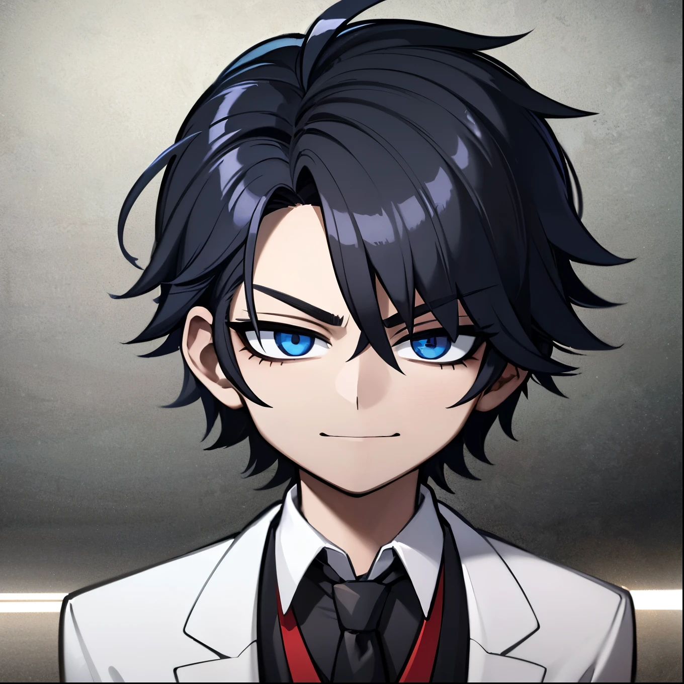 Superior quality, Masterpiece, ultra high resolution, image of a 1 boy with black hair and blue eyes, he is Korean and wears an elegant suit while on a street, arrogant smile 