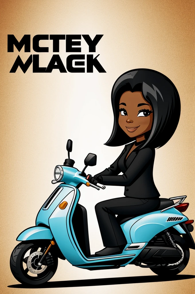 A logo of a straight haired black woman on a scooter cartoon