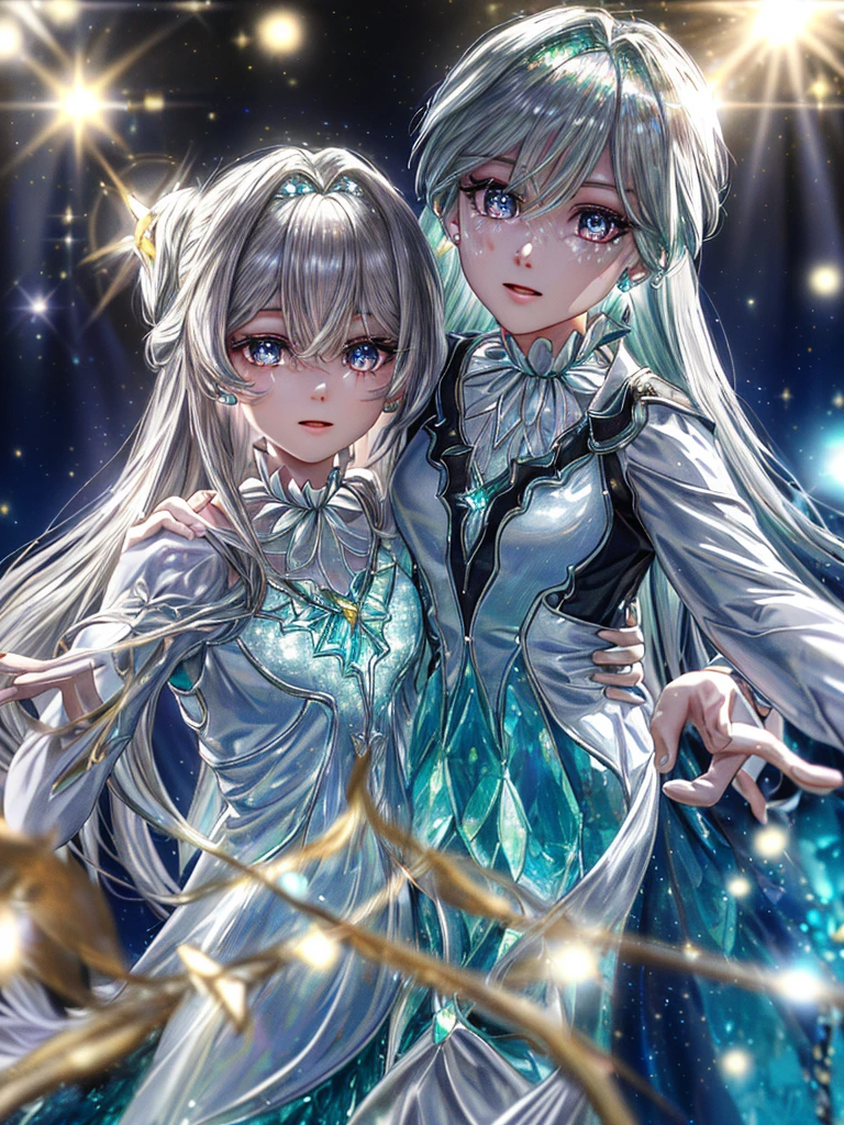 masterpiece, highest quality, figure, alexandrite eyes and hair, platinum earrings, Platinum Necklace, white dress, The Little Mermaid, cute, (dynamic lighting:1.2), cinematic lighting, delicate features, fine eyes, sharp pupils, realistic student, Depth of bounds written, Bokeh, sharp focus, (very detailed, bloom, shine:1.4), Many Small Gems