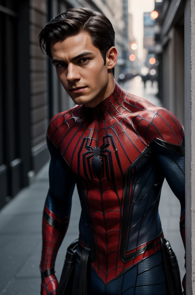 A photograph of Spider-Man., sin mascara, the 20s, elegant, detailed face, looking to the camera, portrait, 8k hd, high quality