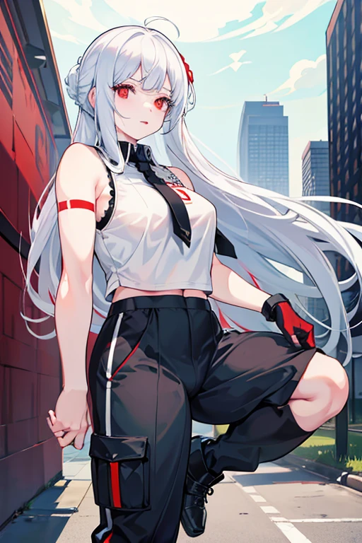Chubby girl with short straight white hair., Red eyes, White skin. He is wearing a black sleeveless shirt.., military trousers, He has many tattoos on his arms. In the background is a My Hero Academy training field