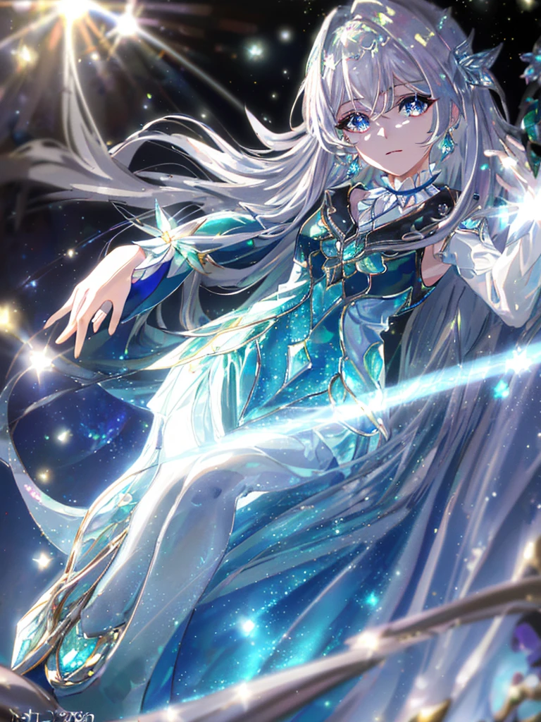 masterpiece, highest quality, figure, alexandrite eyes and hair, platinum earrings, Platinum Necklace, white dress, The Little Mermaid, cute, (dynamic lighting:1.2), cinematic lighting, delicate features, fine eyes, sharp pupils, realistic student, Depth of bounds written, Bokeh, sharp focus, (very detailed, bloom, shine:1.4), Many Small Gems