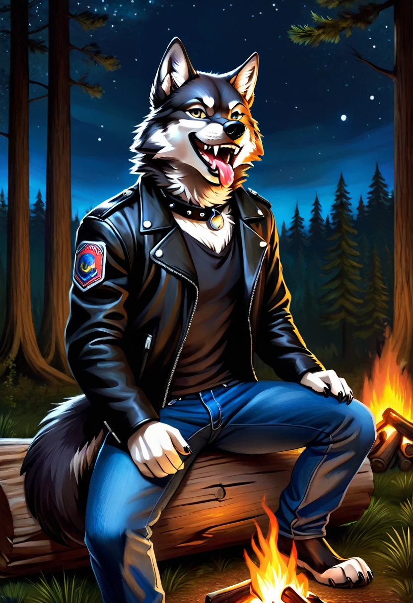 Sitting in front of campfire on log, Male, 30 years old, happy, mouth open with tongue hanging out, black leather jacket, anthro, wolf ears, (black fur:1.5), wolf, forest background, 8k, hi res, (best quality, masterpiece), (wolf tail:1.5), detailed fur, solo, looking at camera, night, leashing and collar, blue jeans,