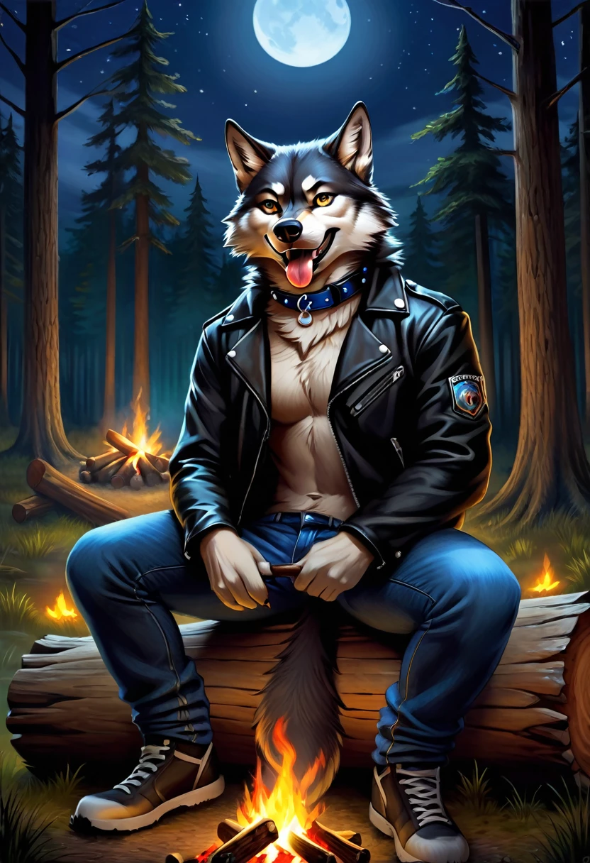 Sitting in front of campfire on log, Male, 30 years old, happy, mouth open with tongue hanging out, black leather jacket, anthro, wolf ears, (black fur:1.5), wolf, forest background, 8k, hi res, (best quality, masterpiece), (wolf tail:1.5), detailed fur, solo, looking at camera, night, leashing and collar, blue jeans,