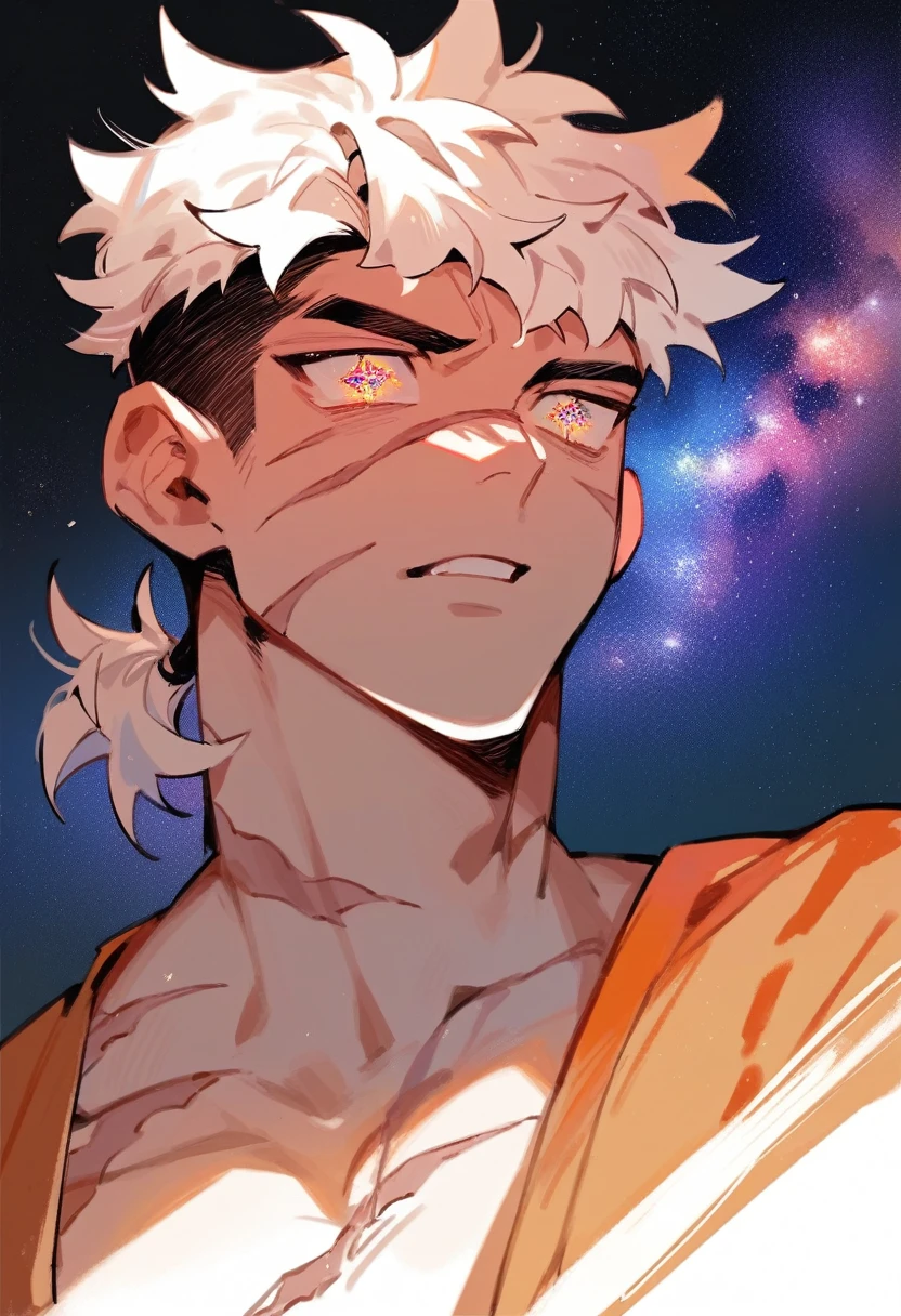 1man, black under cut hair, white and orange top hair, scars, galaxy eyes, small ponytail. 