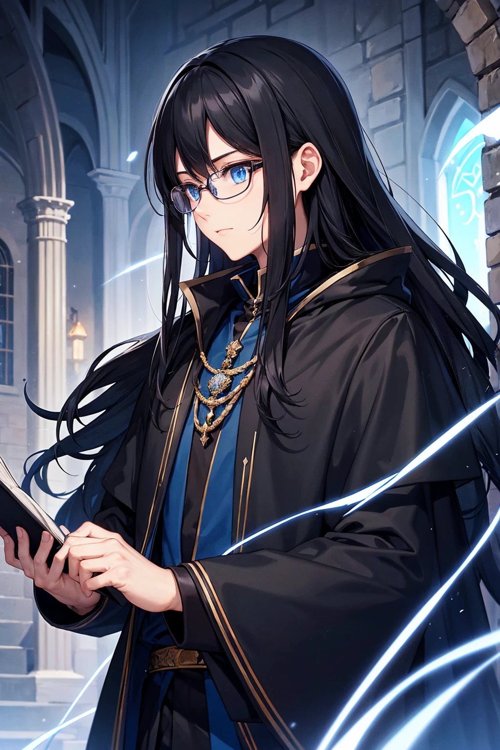 A man wearing glasses, black long-haired wizard, dark blue eyes, black with blue wizard clothes, young magician, intellectual, cold personality, medieval city background