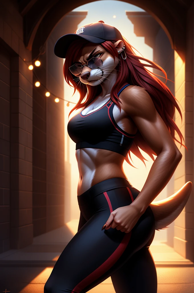 otter, female, white fur, ((Female Otter long hair)), ((red hair)),black leggings, black sport bra, Baseball cap, very angry face, is pissed off, fuck off, blue aviator glasses, ear piercing, small breast, detail elements on fur, Shows the middle finger, beautiful lights and shadows, ambient light, super fine fur, volumetric light,