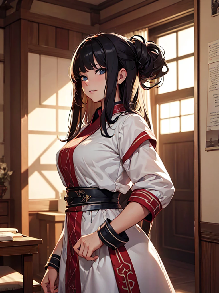 (​masterpiece、top-quality、hight resolution、Unity 8k Wallpaper、extremely details CG:1), Create a scene in which a strong, confident woman, a so-called "Missus" type woman, lets the main character have her first time. She smirks and says, "Come on, I'll fuck you over here. The secret takes place in a private room.