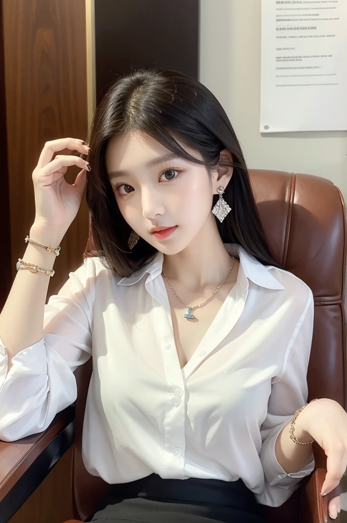 (((actual photography))),, portrait, Korean，(stunning face:1.3),, beautiful girl, Eyes on the document,Sit in a large class chair , (Necklace，earrings，Bracelet:1.1), Buttoned shirt and hip skirt, , (cleavage:0.3),, In the CEO&#39;s Office, (environmental details:1.3),, (original photo, CG Unity, photography, ultra actual details, sharp focus, Delicate skin,4K, High resolution, masterpiece, best quality, actual, energetic:1.2),, (8K,4K, Ultra high quality, High resolution, professional, Movie般的, Movie, Dramatic),, Detailed Background,