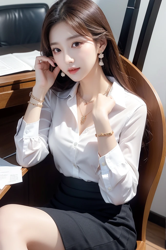 (((actual photography))),, portrait, Korean，(stunning face:1.3),, beautiful girl, Eyes on the document,Sit in a large class chair , (Necklace，earrings，Bracelet:1.1), Buttoned shirt and hip skirt, , (cleavage:0.3),, In the CEO&#39;s Office, (environmental details:1.3),, (original photo, CG Unity, photography, ultra actual details, sharp focus, Delicate skin,4K, High resolution, masterpiece, best quality, actual, energetic:1.2),, (8K,4K, Ultra high quality, High resolution, professional, Movie般的, Movie, Dramatic),, Detailed Background,