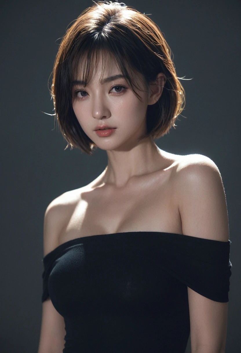 best quality, masterpiece, Ultra-high resolution, (Realistic:1.5), original photo, 1 girl, Off-shoulder, in the darkness, Deep shadows, Low profile, Cold Light, sexy look, short hair,Mix Girl,Yinglaite, Half-length photo,NSFW