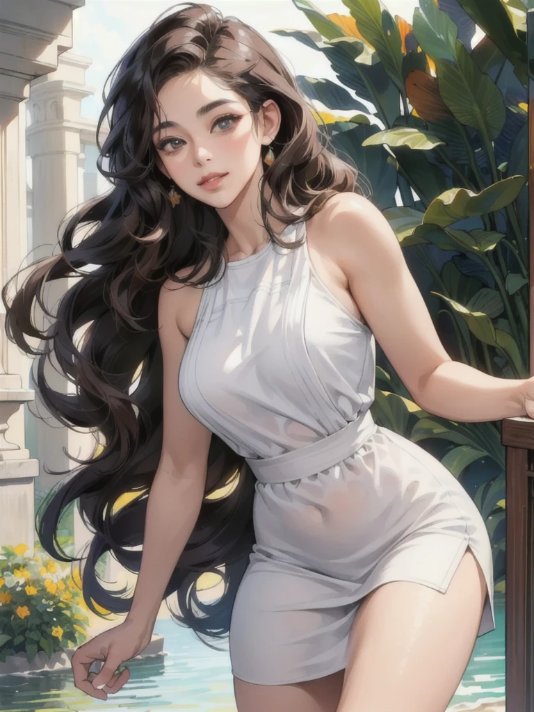 a beautiful 18 year old hispanic-latina girl, extremely long black bushy curly hair, oval face, almond shaped brown eyes, plump lips, physique, short height, tan skin, beautiful smile, college student, white mini dress, thick lips, innocent, altruistic personality, manga sketch art style, front view, (best quality,4k,8k,highres,masterpiece:1.2),ultra-detailed,(realistic,photorealistic,photo-realistic:1.37), (extremely detailed eyes and face:1.5), (extremely detailed lips:1.3), highly detailed skin, intricate details, soft lighting, warm color tones