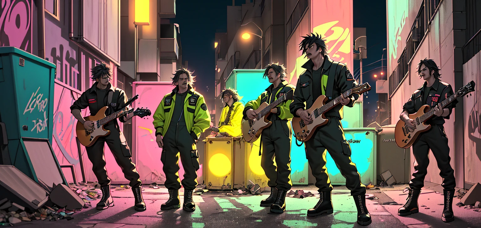 A group of garbage collectors posing as a rock band in an urban alley, a garbage truck with yellow lights reflecting on the graffiti-covered walls in the background, the band members wearing fluorescent jumpsuits and sturdy boots but holding rock instruments like guitars, bass, and drums, in a defiant and determined pose ready to play, the night scene lit by streetlights creating a gritty yet rebellious atmosphere, combining the harshness of daily work with the passion for rock music.(best quality,4k,8k,highres,masterpiece:1.2),ultra-detailed,(realistic,photorealistic,photo-realistic:1.37),highly detailed garbage collectors rock band,extremely detailed faces and expressions,dramatic lighting,gritty urban setting,neon colors,dynamic pose,cinematic perspective,cinematic lighting,moody atmosphere