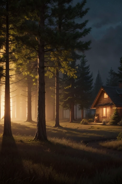 An image of a realistic 8k forest with trees with warm lights and a foggy house in the background with a chimney on