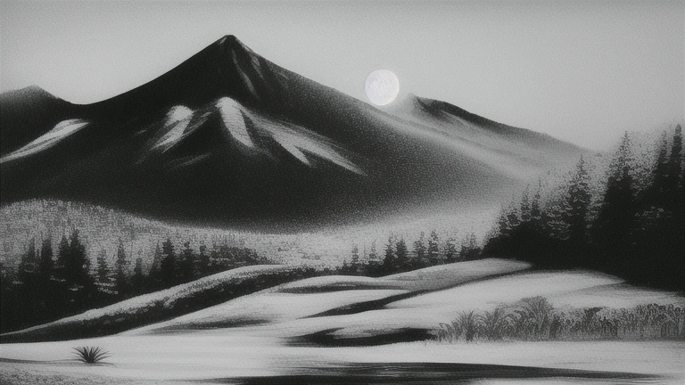 Teruakakuta, moNochrome, No_Human, mountain, sNow, night, moon, star