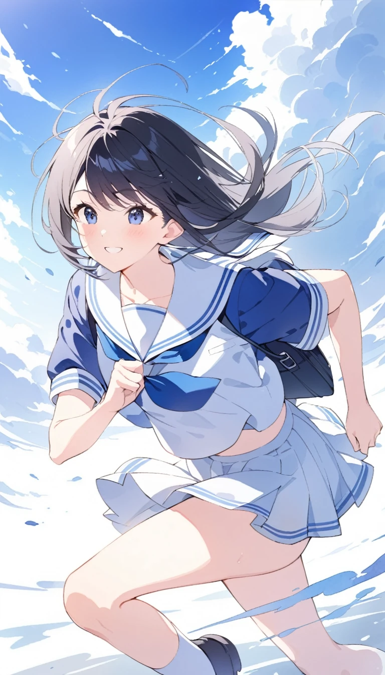 広大なblue sky,watercolor,Very detailed, delicate and dynamic,Big smile,Highest quality, 16K,Student Bag,Black Hair,女子高生がblue skyを駆け抜ける,白いcloud,running,Sailor suit,uniform,Young people,,blue sky,cloud, Wind effects, background,Side dash