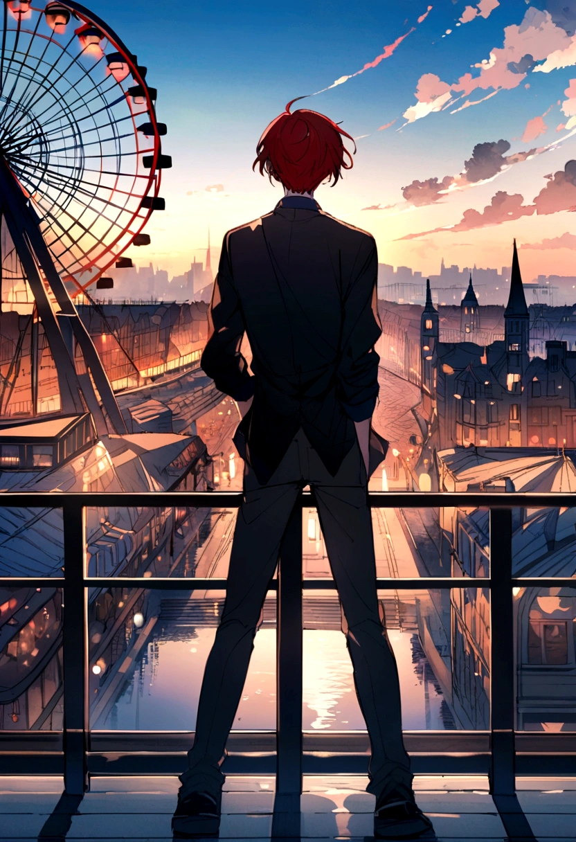 An anime boy with half red hair and the other half white standing in front of a Ferris wheel