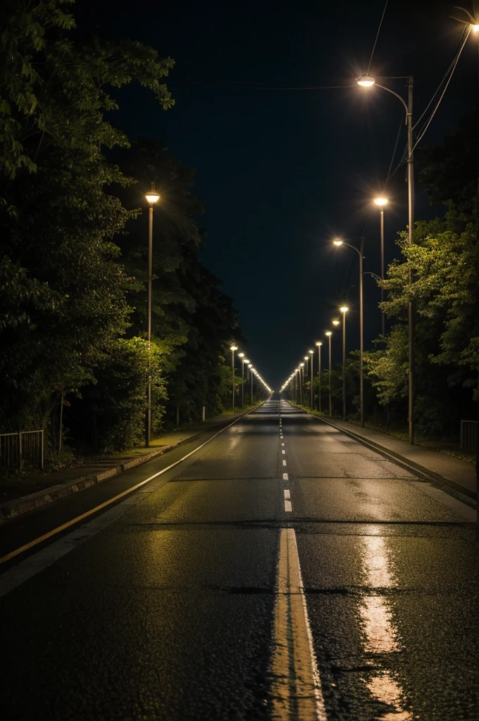 The road goes into the distance. wet asphalt. On the left side there are lanterns along the road stretching into the distance. A girl is walking in the middle of the road with her back to the camera., she goes into the distance, interrupted by a curtain . And it doesn't rain much. Photo effect