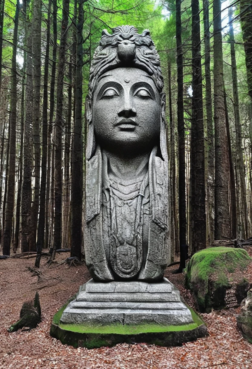 there is a large stone statue in the middle of a forest, stone eyes, movie frame 'Thor', neoandean architecture, focused on face, playstation 2 screenshot, Conceptual image, by Jung Park, the lost city of atlantis , face shown, Google Street View, 3d Max, psytrance