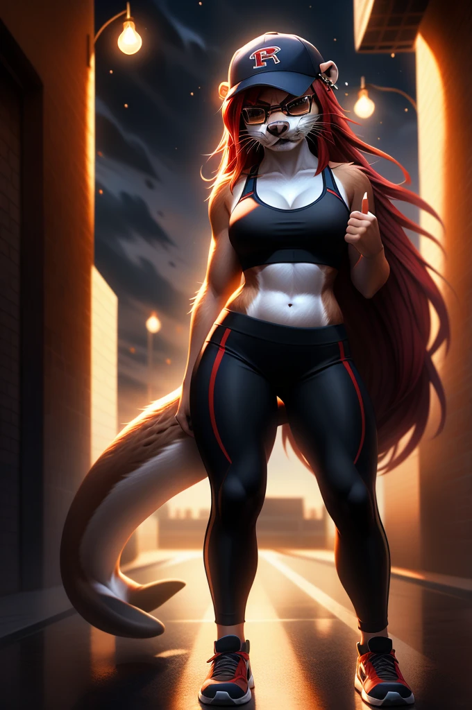 furry, otter, female, alone, dancing, has glasses, ((Beautiful detailed eyes)),((Blue eyes)), black leggings, no bra, Baseball cap, red long hair,sneakers,looks very happy, very nice light and shadow, ultra detailed fur, very detailed fur tail,very detailed face,Look at the viewer, 4k,high resolution details, very beautiful eyes,