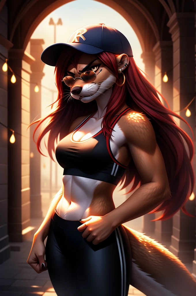 otter, female, white fur, ((Female Otter long hair)), ((red hair)),black leggings, black sport bra, baseball cap, very angry face, blue aviator glasses, ear piercing, small breast, detail elements on fur, Shows the middle finger, beautiful lights and shadows, ambient light, super fine fur, volumetric light,