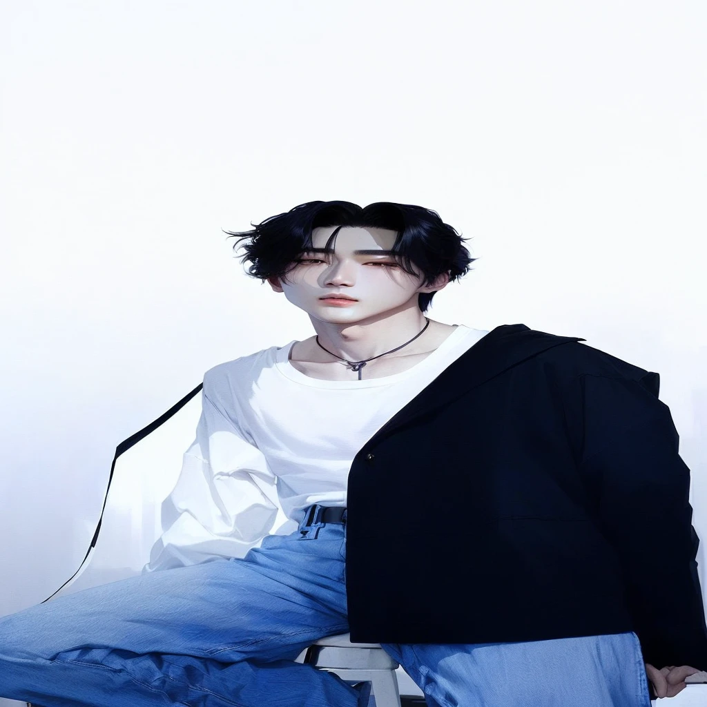 there is a man sitting on a stool in a white shirt, jung jaehyun, cai xukun, hyung tae, Jinyoung Shin, Kim Doyoung, Tae June Kim, Hong Jun Hyung, Yoongi with black hair, than, Hsiao-ron, hyung tae kim, delicate androgynous prince, ten lee, Wonbin Lee, jia, Seseon Yoon