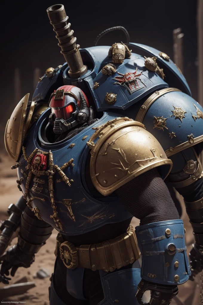 A space marine from Warhammer40k with arachinid features on his armor, his armor's helmet will have spider fangs and four eyes and sharp claws on his hands