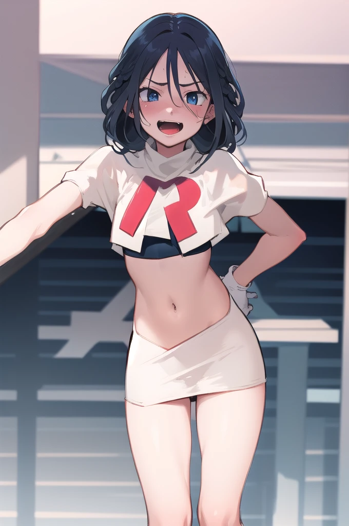 masterpiece, best quality, 1 girl, darkblue hair, long hair, team rocket,team rocket uniform, twitch, slapstick comedy, laugh eyes, laugh open mouth, noodle on head, fuss, sexy, virjin, villain, stupid, electric background,