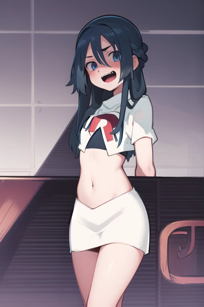 pokemonmarnie, aqua eyes, , black hair, hair ribbon, long hair, red ribbon, ribbon, twintails, room, breasts, blush, highres, navel, looking at viewer, angry,, bouncing breasts, nipples,, nude, pussy, armpits, sweaty armpits,