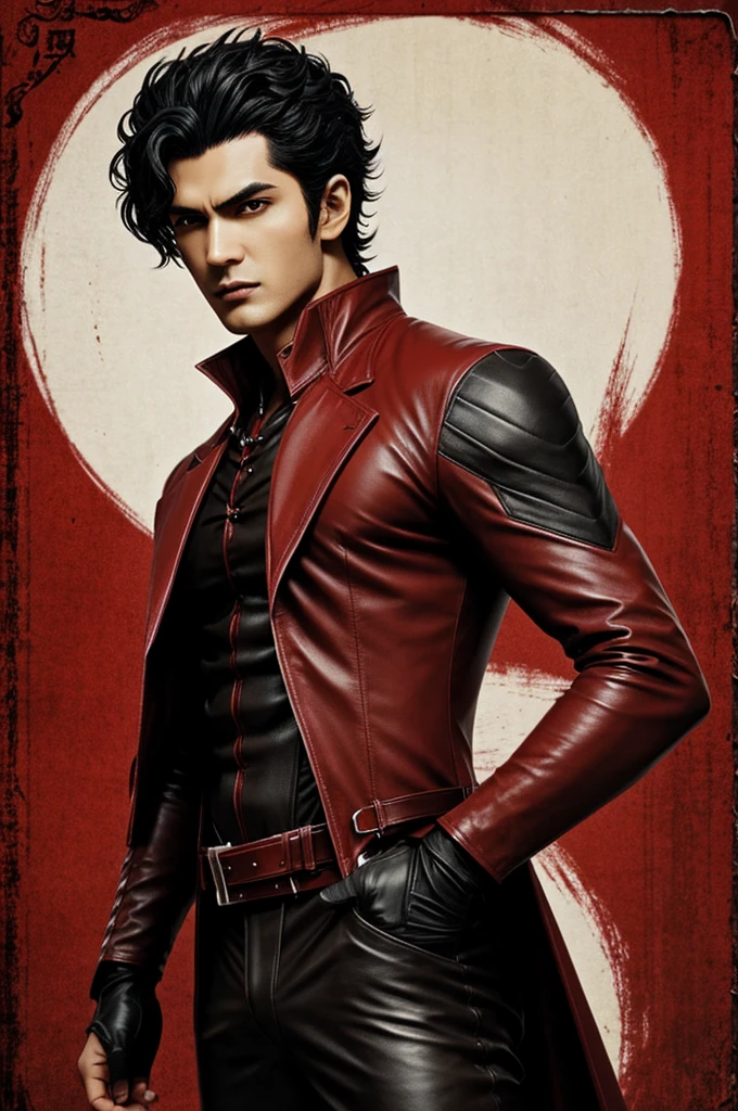 Vampire D hunter, Dark skin, short curly hair, red leather suit, old anime style