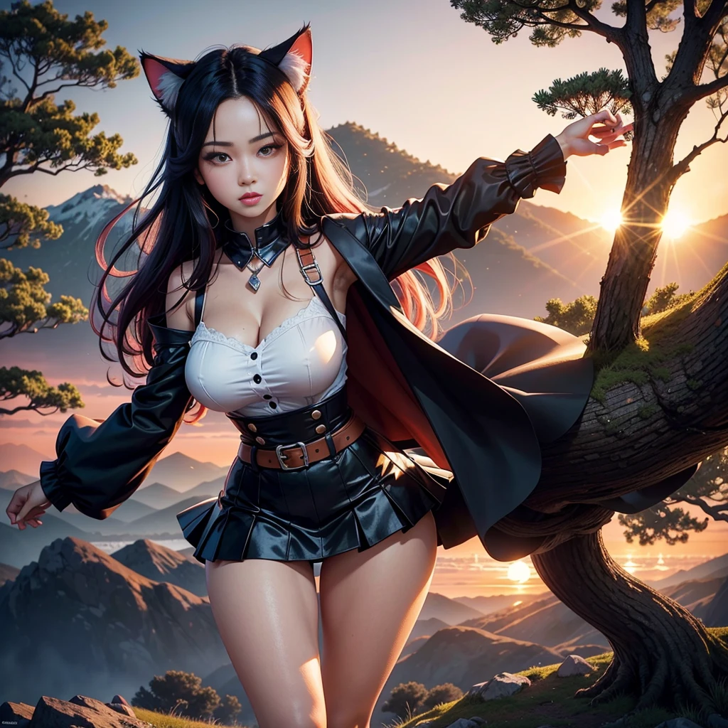 cheered up: A beautiful feline woman standing on top of a giant tree on top of a mountain surrounded by trees looking at the horizon. Wear a black outfit, Short skirt. Long black pink hair,curvy body. sunset, orange sun, vivid colors, red horizon,sunset. anime woman, cat ears, Cat&#39;s tail, beautiful detailed face, beautiful detailed feline eyes, detailed body, sexy position. At the top of a tree. At the top of a huge tree