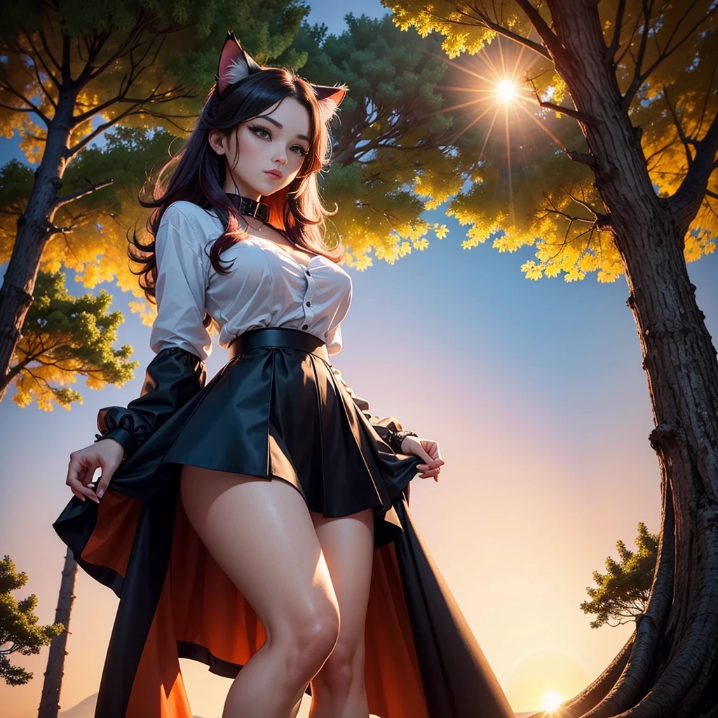 cheered up: A beautiful feline woman standing on top of a giant tree on top of a mountain surrounded by trees looking at the horizon. Wear a black outfit, Short skirt. Long black pink hair,curvy body. sunset, orange sun, vivid colors, red horizon,sunset. anime woman, cat ears, Cat&#39;s tail, beautiful detailed face, beautiful detailed feline eyes, detailed body, sexy position. At the top of a tree. At the top of a huge tree