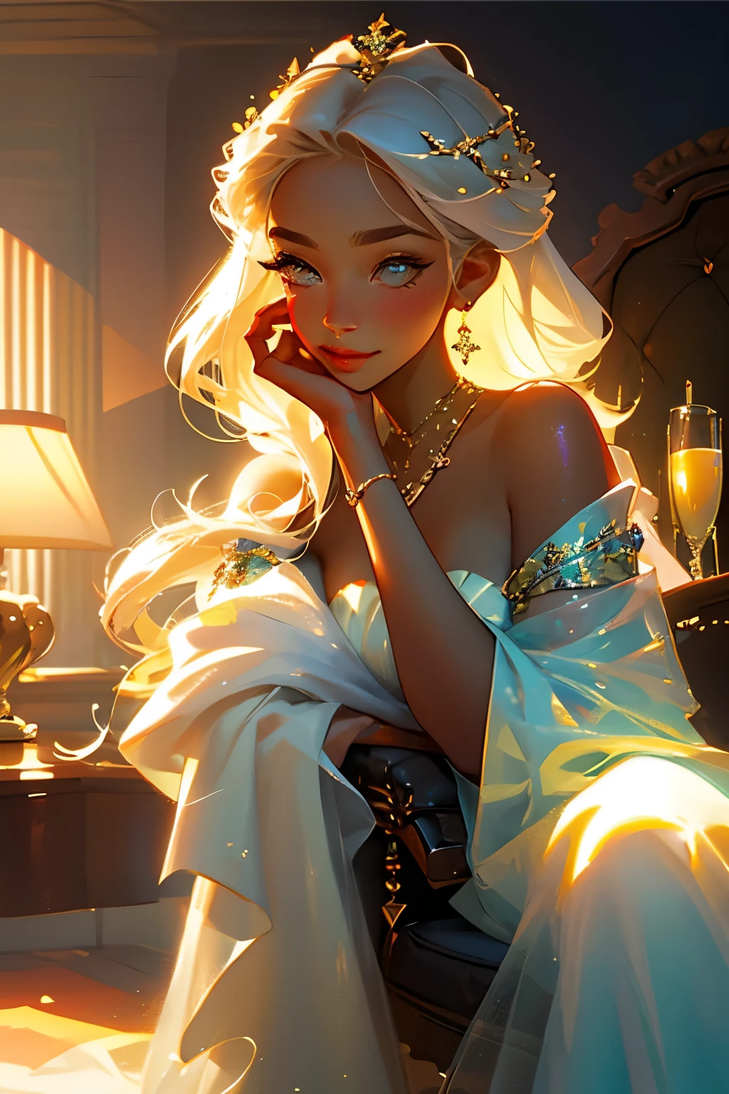 Stunningly Realistic Portrait of a Beautiful Woman:
A captivating beauty poses seductively in a luxuriant two-piece, set against the backdrop of a luxurious, intricate, and highly detailed summer bedroom. The extravagant floral decor of the room adds a touch of elegance, complementing the woman's radiant charm. The scene is meticulously rendered as a post-processed 8k digital painting, showcasing a soft light Harper's Market illustration with sharp focus, accentuating the woman's tender smile. The woman's flawless complexion and mesmerizing gaze radiate an irresistible allure. This colorful