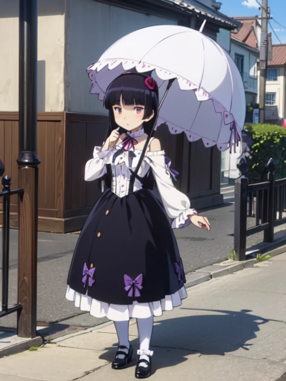 (Ultra-high resolution, masterpiece, Attention to detail, high quality, 最high quality) , 1 girl, alone, girl, Hime cut, Gothic Lolita, Lolita Fashion, head band, (Bare shoulders), ((Parasol)), Pagoda Parasol, (ruri gokou), Elegance, grace, Different world, Ancient Capital, middle ages, full body