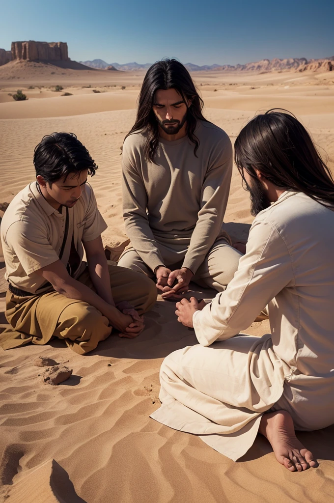 Jesus praying with his disciples, in the middle of the desert, with perfect lighting, and without defect in the body