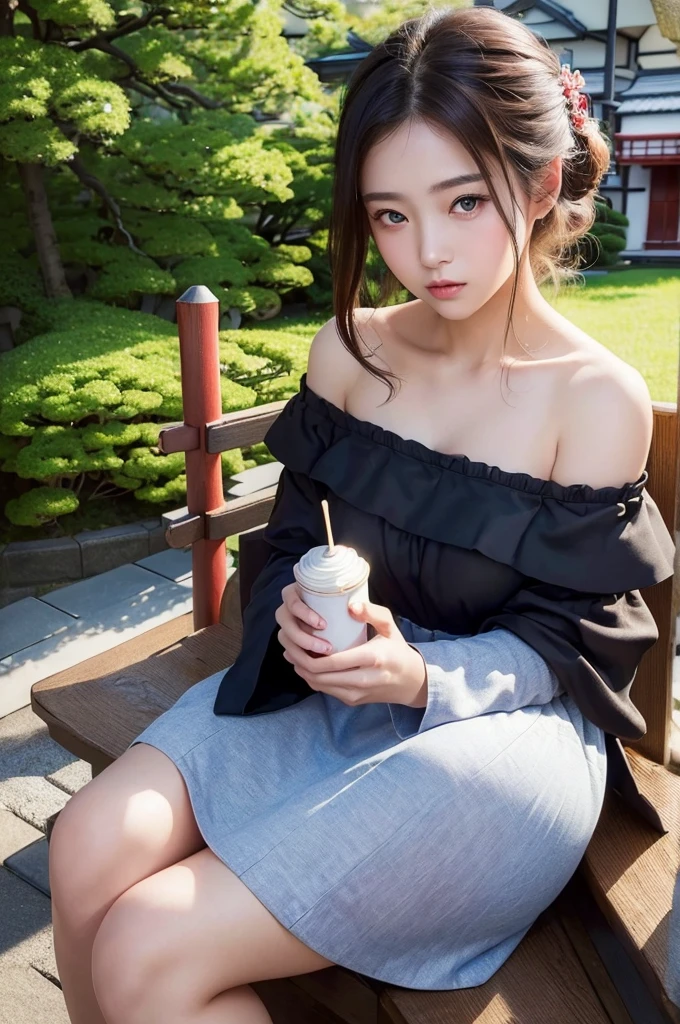 (((masterpiece))),(((High resolution)))、(((8K)))、(((perfect face)))、(((beauty of japan)))、20 years old、(((beautiful face))), (((off shoulder dress))), Plump, embarrassed look, look at the camera、top quality eyes, detailed texture, look at the camera, big