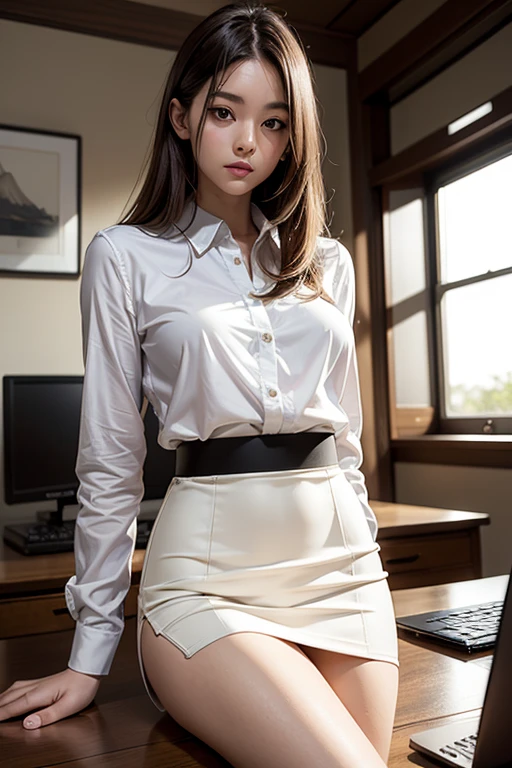 8K,Masterpiece,(alone),30 years old,(Japanese women)、One Woman、Slender figure,Small breasts,Shapely breasts,Light Brown Hair,Medium Hair,Realistic、Mature Woman,Cool Beauty,secretary,office,Computer on desk,White blouse,Black tight skirt,Dynamic Angle
