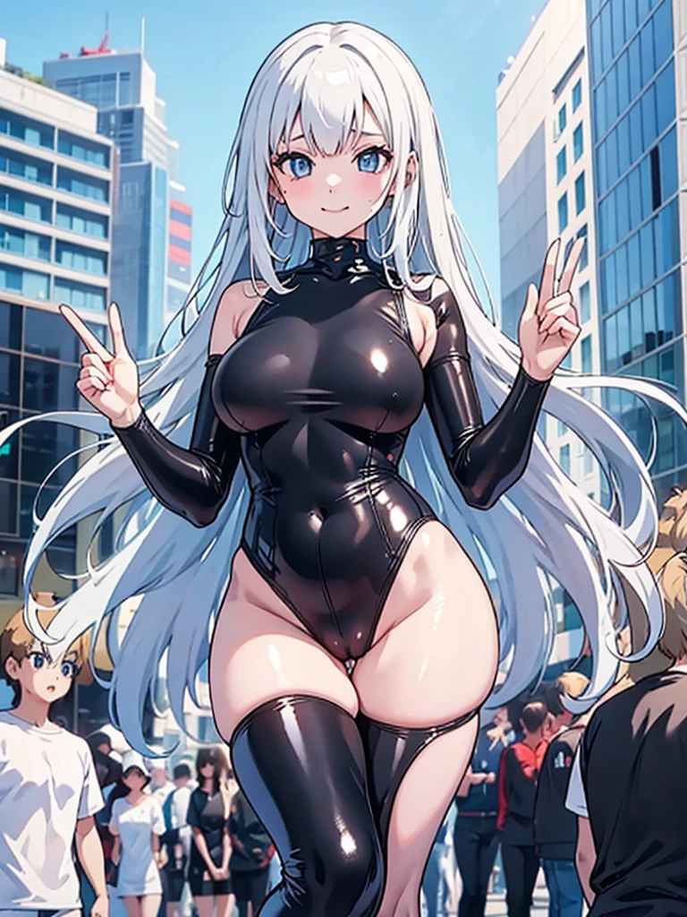 masterpiece, best quality, pretty girl, Shame、embarrassing、 wet swimsuit, See through、in a white swimsuit、 rubbery body, rubbery body, female human body whole body, thick, （ Thin waist and thick legs, student magazine models, smile、（0.01mm rubber products、rubber that wraps around the penis、High leg tank suit made of condoms、extremely thin latex suit））、（（Bitch、Slut））、（Shooting in the city、crowded building area、in the crowd）、（Girls who want to expose their skin、attracting the attention of many people、popular girls）、full body esbian