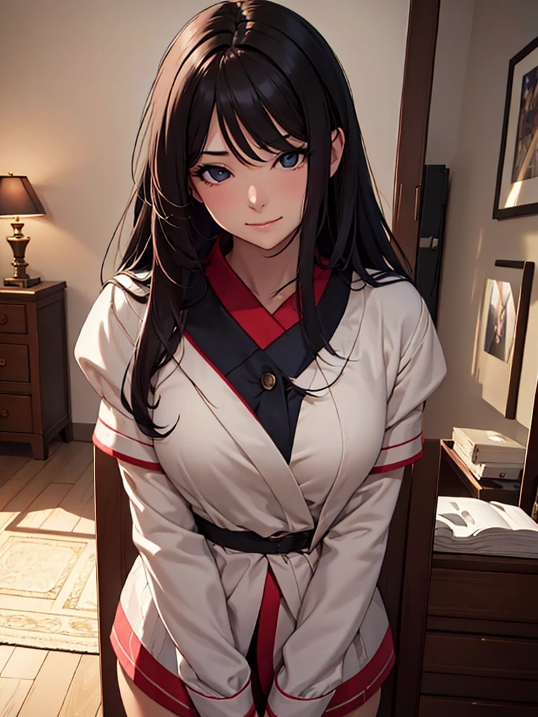 (masterpiece、top-quality、hight resolution、Unity 8k Wallpaper、extremely details CG:1), Create a scene in which a strong, confident woman, a so-called "Missus" type, gives the protagonist her first taste of sex. She has a sexually attractive demeanor and appearance, smirks and says, "Come on, I'll fuck you over here." The secret takes place in a private room. nsfw