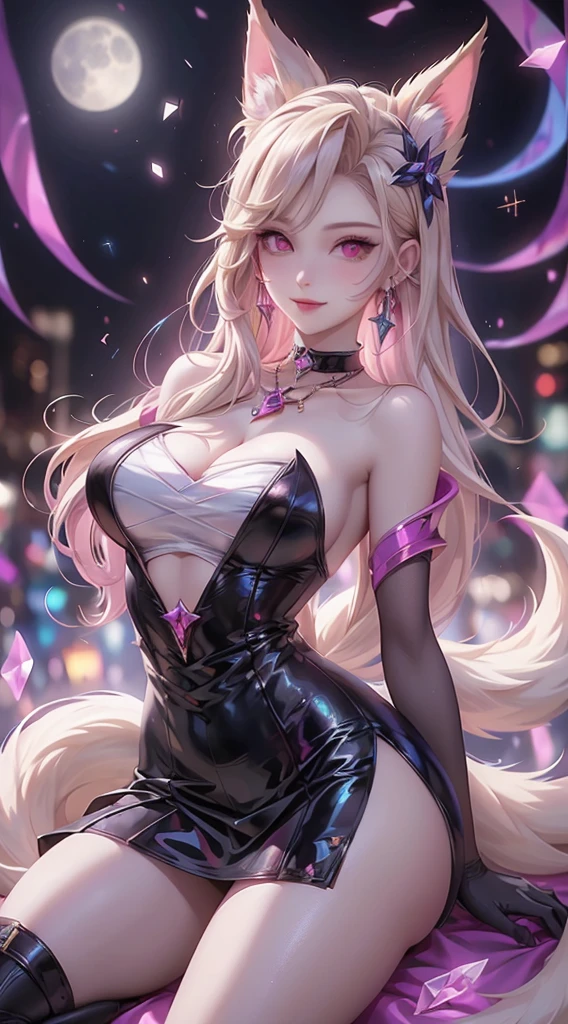 1girl, animal_ears, tail, pink_hair, solo, jewelry, breasts, naked_boobes, flong_hair, fox_ears, dress, fox_tail, cleavage, looking_at_viewer, ahri_(league_of_legends), earrings, black_dress, purple_eyes, necklace, sitting, bare_shoulders, moon, strapless_dress, facial_mark, strapless, fox_girl, multiple_tails, whisker_markings, medium_breasts, makeup, full_moon, blurry_background, gem, smile