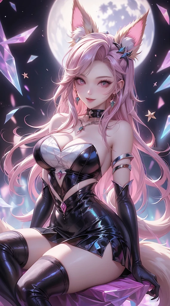 1girl, animal_ears, tail, pink_hair, solo, jewelry, breasts, naked_boobes, flong_hair, fox_ears, dress, fox_tail, cleavage, looking_at_viewer, ahri_(league_of_legends), earrings, black_dress, purple_eyes, necklace, sitting, bare_shoulders, moon, strapless_dress, facial_mark, strapless, fox_girl, multiple_tails, whisker_markings, medium_breasts, makeup, full_moon, blurry_background, gem, smile